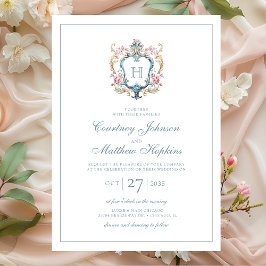 Monogrammed Floral Crest Wedding Kaart