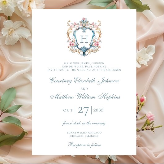 Monogrammed Floral Crest Wedding Kaart