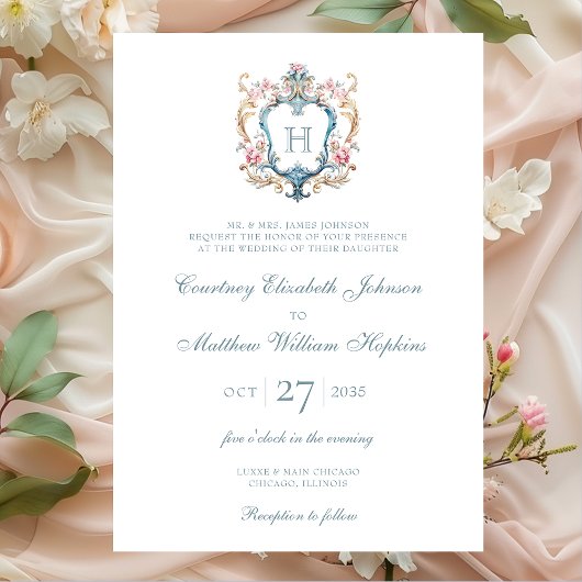 Monogrammed Floral Crest Wedding Kaart