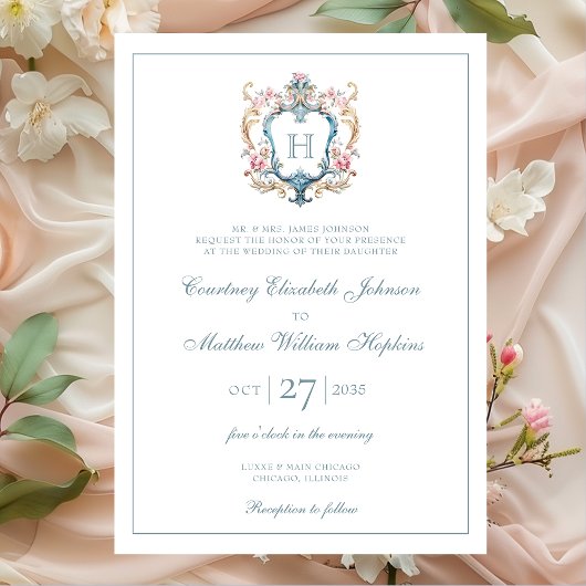 Monogrammed Floral Crest Wedding Kaart