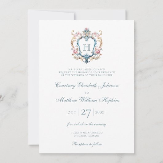 Monogrammed Floral Crest Wedding Kaart (Voorkant)