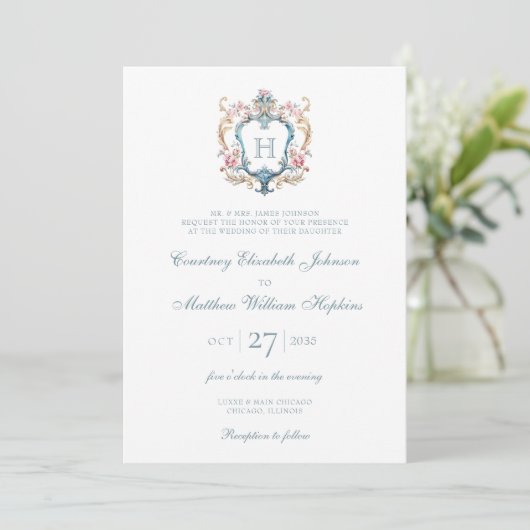 Monogrammed Floral Crest Wedding Kaart (Staand voorkant)