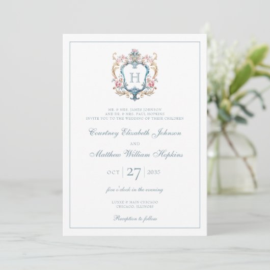  Monogrammed Floral Crest Wedding Kaart (Staand voorkant)