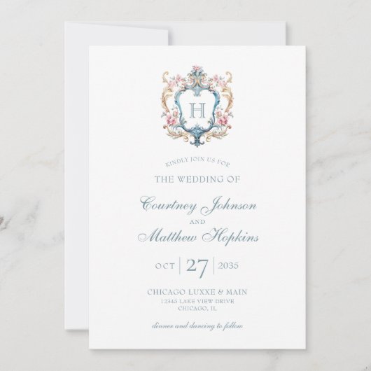  Monogrammed Floral Crest Wedding Kaart (Voorkant)