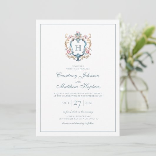  Monogrammed Floral Crest Wedding Kaart (Staand voorkant)