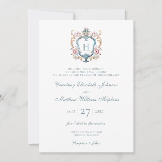 Monogrammed Floral Crest Wedding Kaart (Voorkant)