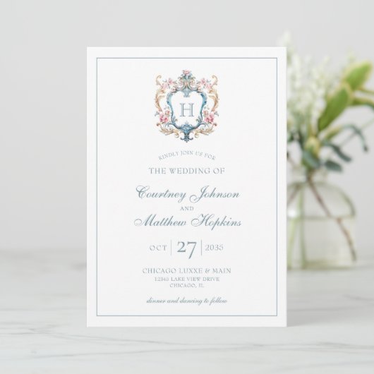  Monogrammed Floral Crest Wedding Kaart (Staand voorkant)