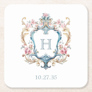  Monogrammed Floral Crest Wedding Kartonnen Onderzetters