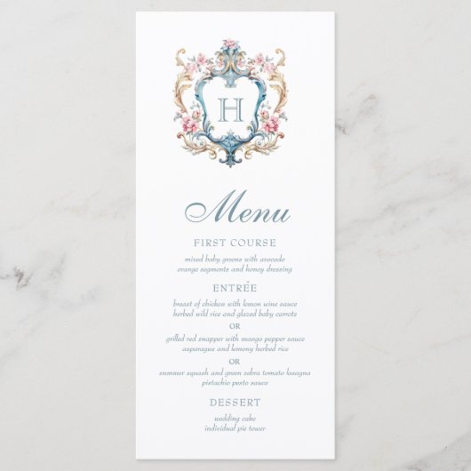  Monogrammed Floral Crest Wedding Menu (Voorkant)