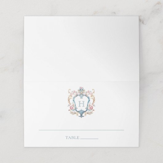  Monogrammed Floral Crest Wedding Plaatskaartje (Buitenkant ongevouwen)
