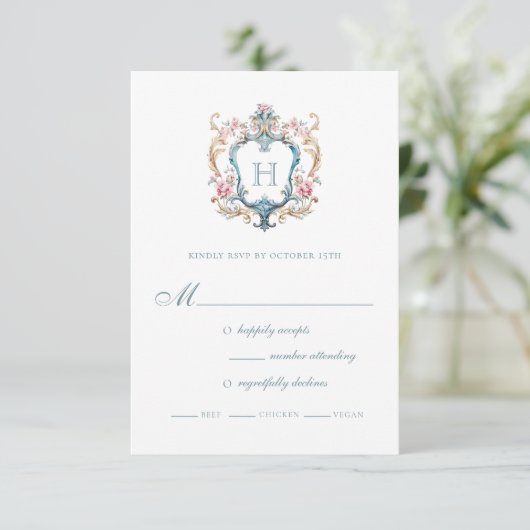 Monogrammed Floral Crest Wedding RSVP Kaartje (Staand voorkant)