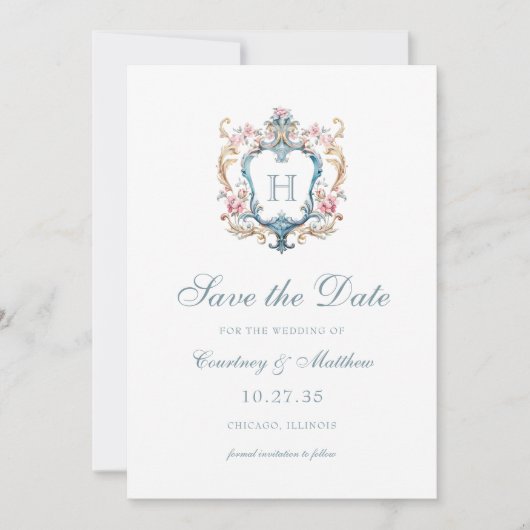 Monogrammed Floral Crest Wedding Save The Date (Voorkant)