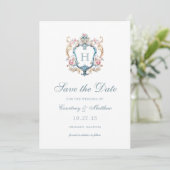 Monogrammed Floral Crest Wedding Save The Date (Staand voorkant)