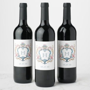  Monogrammed Floral Crest Wedding Wijn Etiket