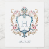  Monogrammed Floral Crest Wedding Wijn Etiket (Enkel label)