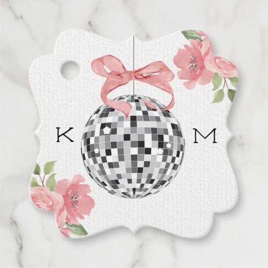 Monogrammed Floral Disco Ball Bruiloft Dank u Bedankjes Labels (Voorkant)