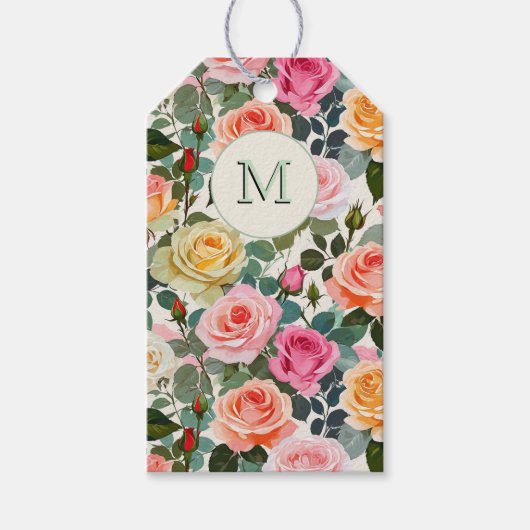  Monogrammed Floral Garden Rozen Elegant Cadeaulabel (Voorkant)