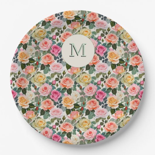 Monogrammed Floral Garden Rozen Elegant Papieren Bordje (Voorkant)