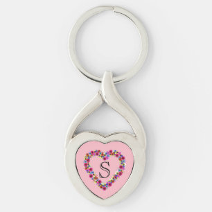 Monogrammed Floral Heart in Roos Roze Sleutelhanger