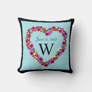 Monogrammed Floral Heart Trouwdatum Kussen