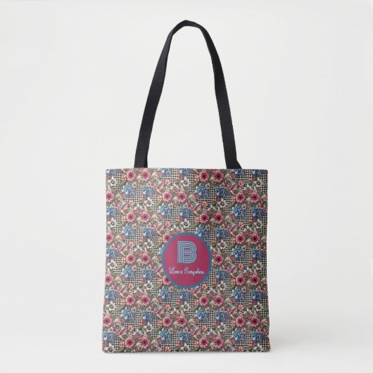 Monogrammed  Floral Houndstooth Plaid Tote Bag (Voorkant)