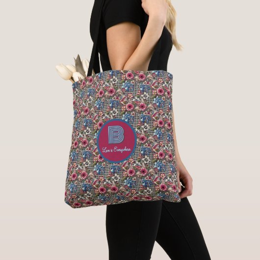Monogrammed  Floral Houndstooth Plaid Tote Bag (Dichtbij)