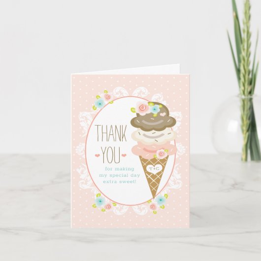 Monogrammed Floral Ice Cream Cone Shower Dank u Bedankkaart (Voorkant)