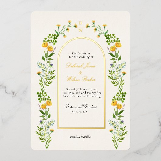 Monogrammed Floral in Arch lijst Folie Invitation Folie Uitnodiging (Voorkant)