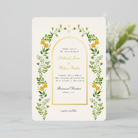 Monogrammed Floral in Arch lijst Folie Invitation Folie Uitnodiging (Staand Voorkant)