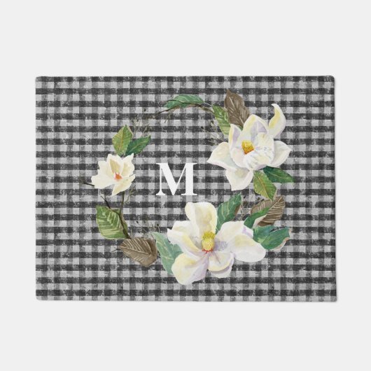 Monogrammed Floral Magnolia Black and White Check Deurmat (Voorkant)