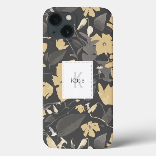 Monogrammed Floral Pattern Grey Yellow Case-Mate iPhone Case (Achterkant)