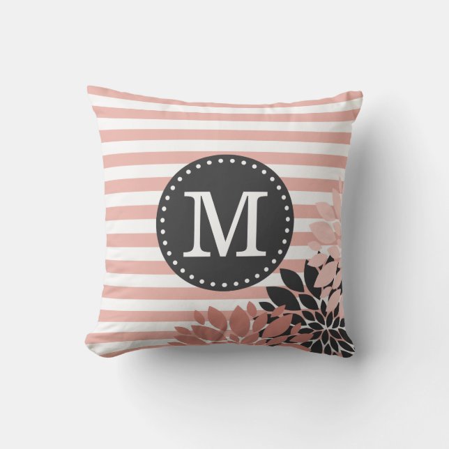 Monogrammed Floral Pink White Stripes Pattern Kussen (Voorkant)