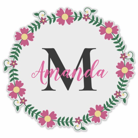 Monogrammed Floral Wreath Sticker (Voorkant)
