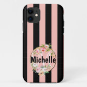 Monogrammed Flowers and black roink stripes Case-Mate iPhone Case (Achterkant)