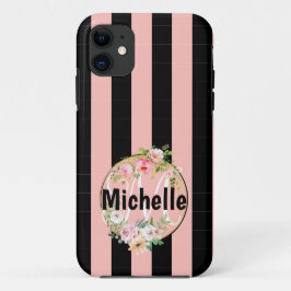 Monogrammed Flowers and black roink stripes Case-Mate iPhone Case