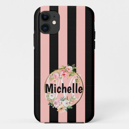 Monogrammed Flowers and black roink stripes Case-Mate iPhone Case (Achterkant)