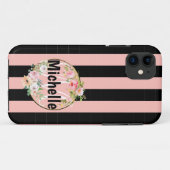 Monogrammed Flowers and black roink stripes Case-Mate iPhone Case (Achterkant (horizontaal))