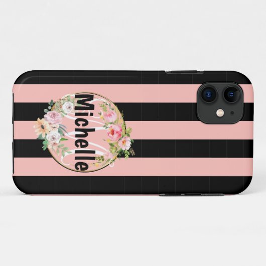 Monogrammed Flowers and black roink stripes Case-Mate iPhone Case (Achterkant (horizontaal))
