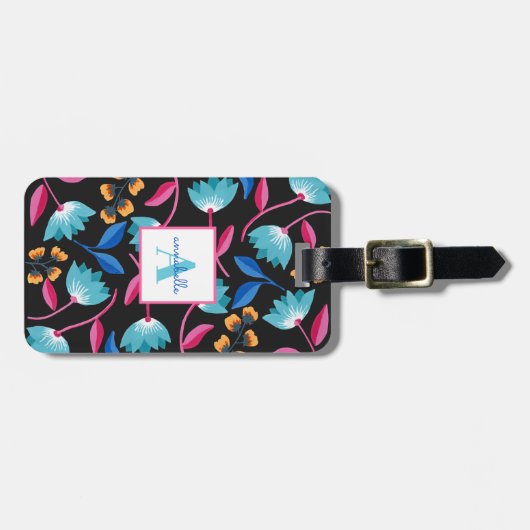 Monogrammed Folk Art Floral Pattern Bagagelabel (Voorkant horizontaal)