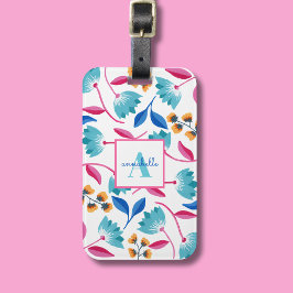 Monogrammed Folk Art Floral Pattern Bagagelabel