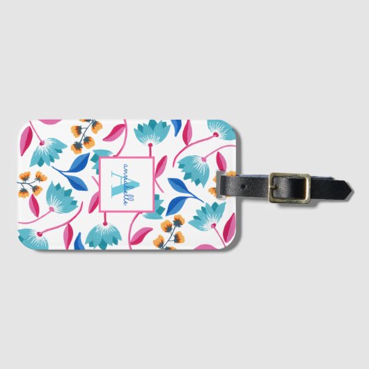 Monogrammed Folk Art Floral Pattern Bagagelabel (Voorkant (horizontaal))