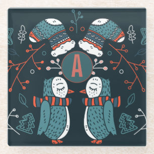 Monogrammed Folk Art kerstblauw rode bomen Glazen Onderzetter