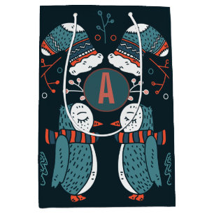 Monogrammed Folk Art kerstblauw rode bomen Medium Cadeauzakje