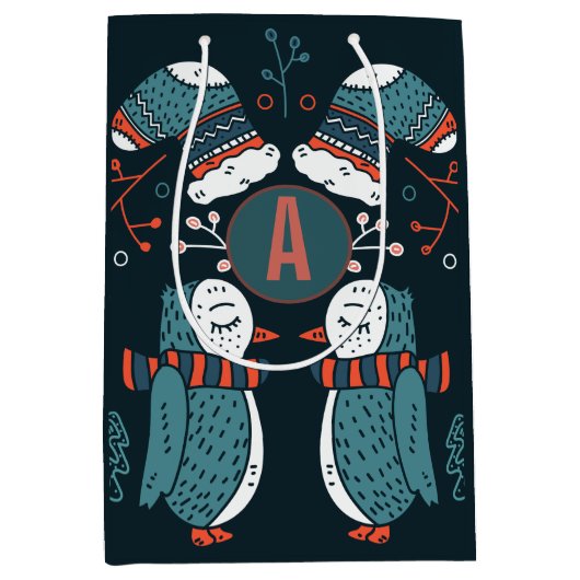 Monogrammed Folk Art kerstblauw rode bomen Medium Cadeauzakje (Voorkant)