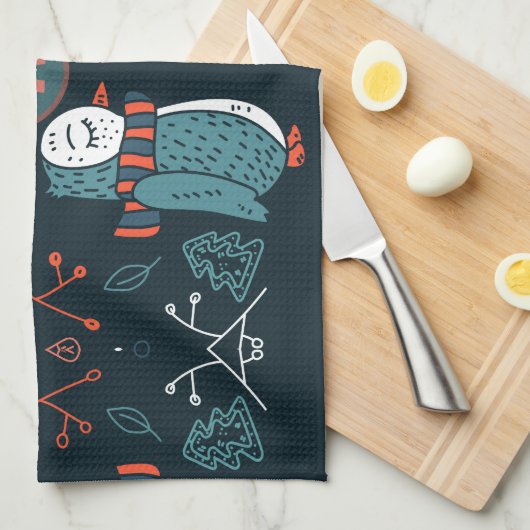 Monogrammed Folk Art kerstblauw rode bomen Theedoek (Quarter Fold)