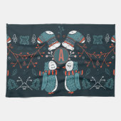 Monogrammed Folk Art kerstblauw rode bomen Theedoek (Horizontaal)