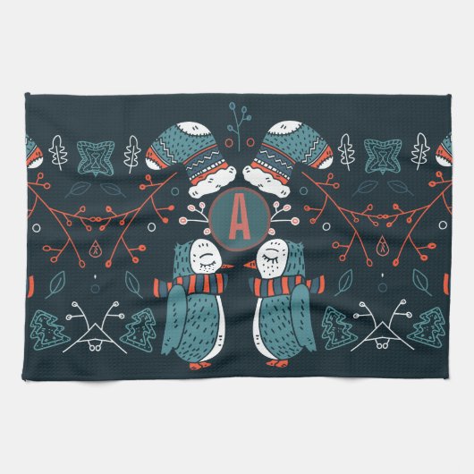 Monogrammed Folk Art kerstblauw rode bomen Theedoek (Horizontaal)