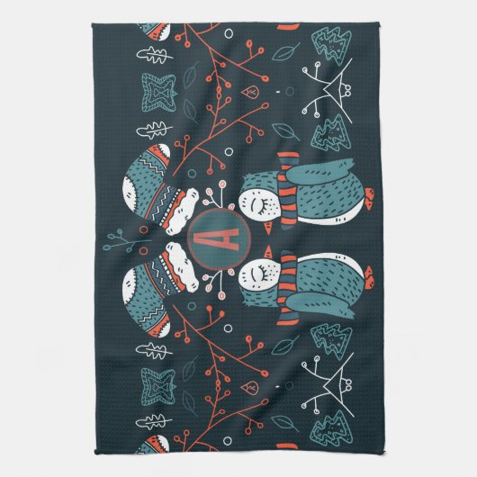 Monogrammed Folk Art kerstblauw rode bomen Theedoek (Verticaal)