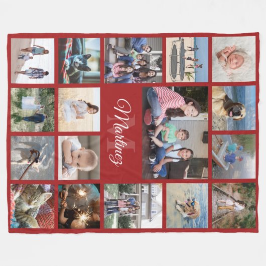 Monogrammed Fotocollage Elegant Rood en Wit Fleece Deken (Voorkant (Horizontaal))