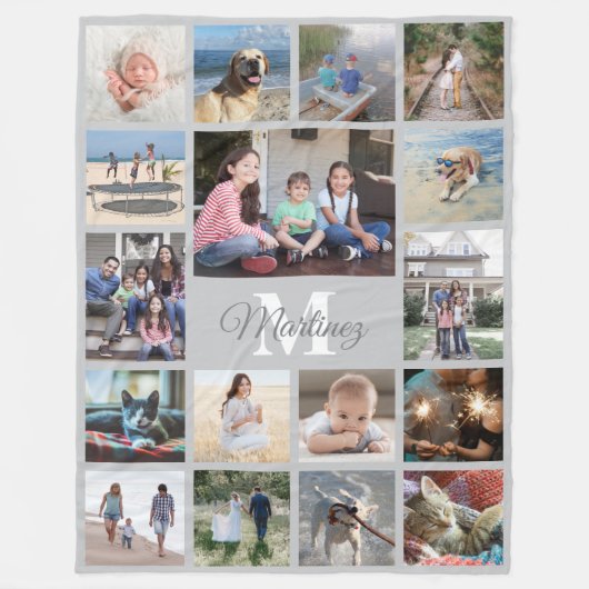 Monogrammed Fotocollage Modern Grijs en Wit Fleece Deken (Voorkant)